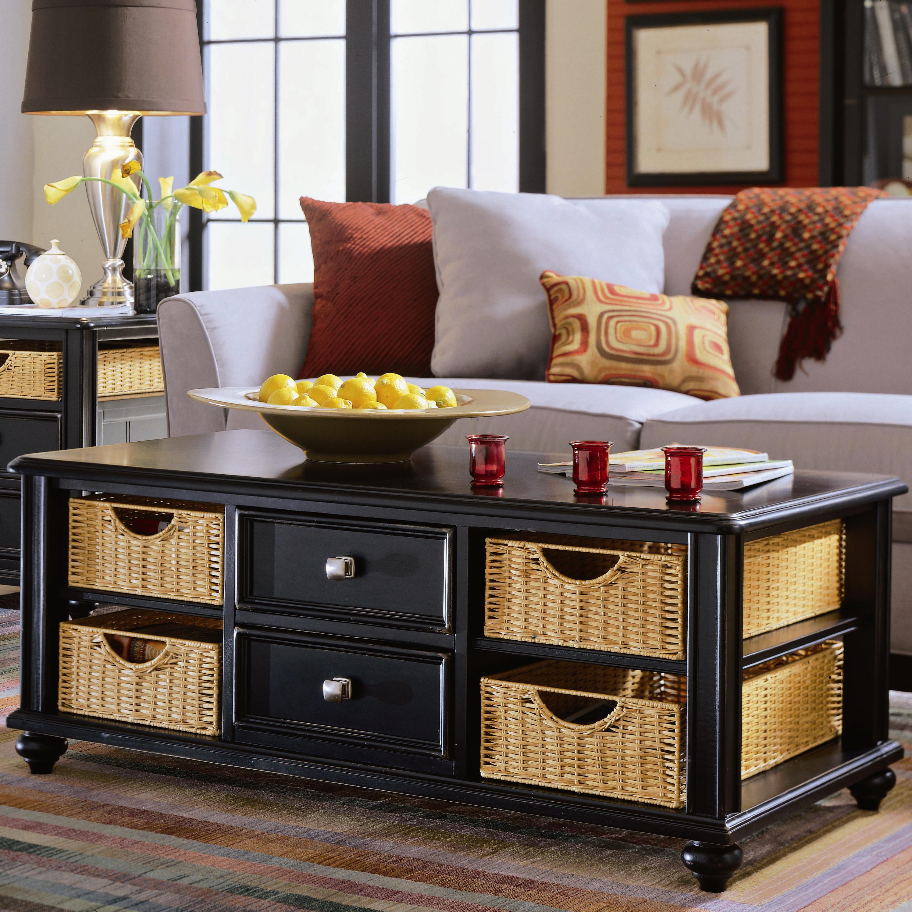 American Drew Camden Dark Cocktail Table with 4 Baskets Stoney